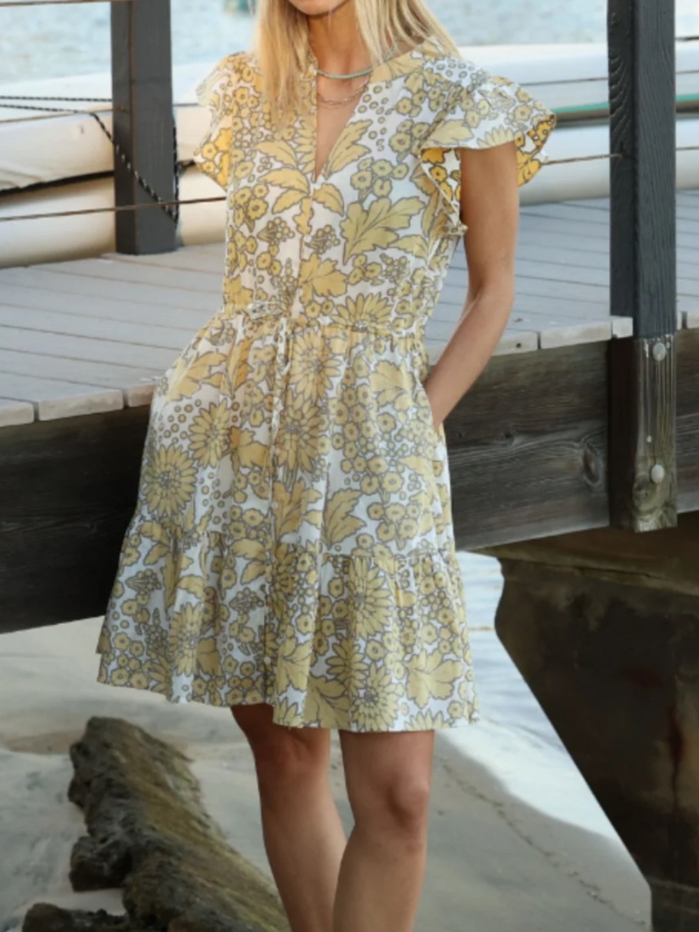 Yellow Floral Button-Front Mini Dress with Drawstring Waist